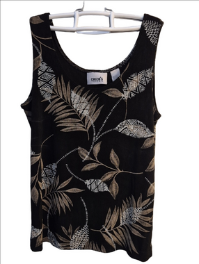Chico's Black Botanical Scoop Neck Tank with Tan & White Print
